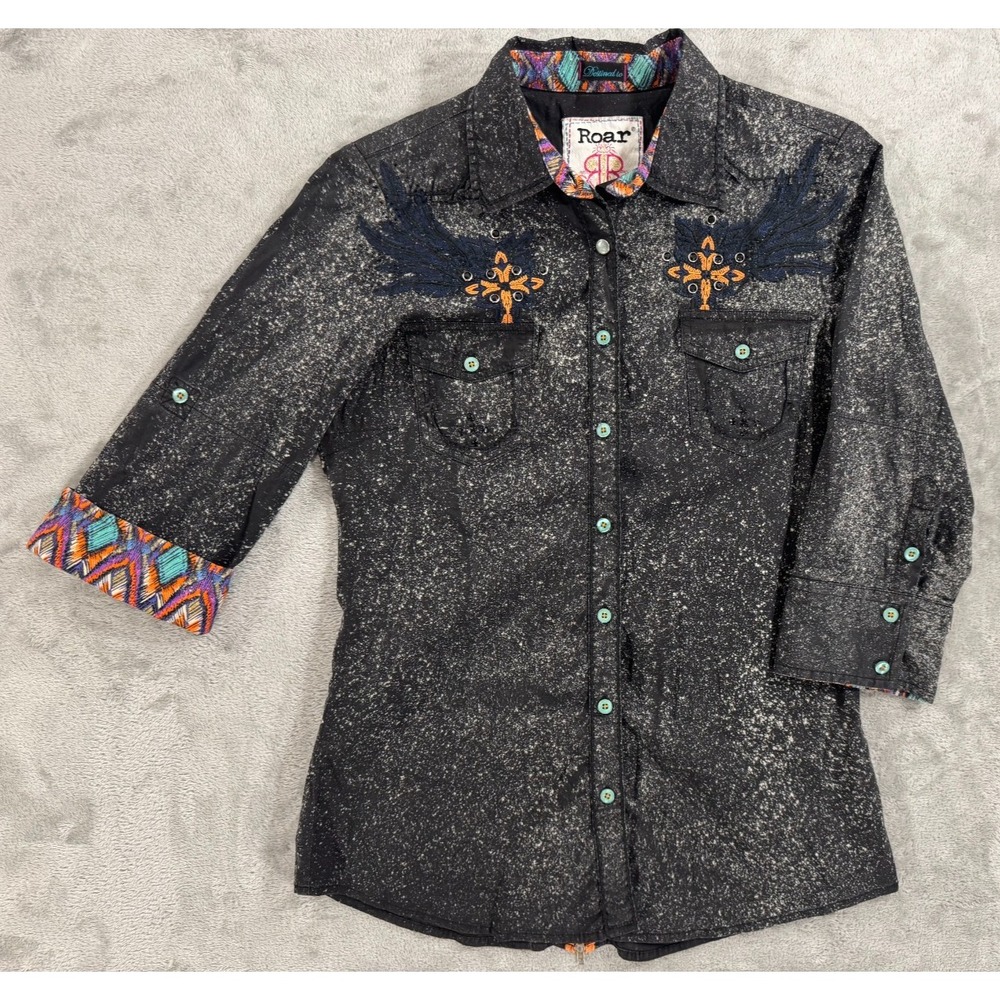 Roar Cowgirl Shirt Womens L Y2K Fly Away Western Whimsigoth Flip Cuff 3/4 Sleeve